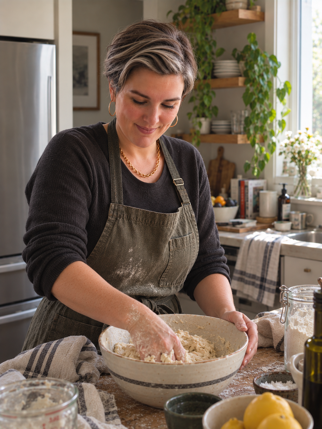 Meghan, the baker behind focacch., in her apron with a fresh rosemary focaccia